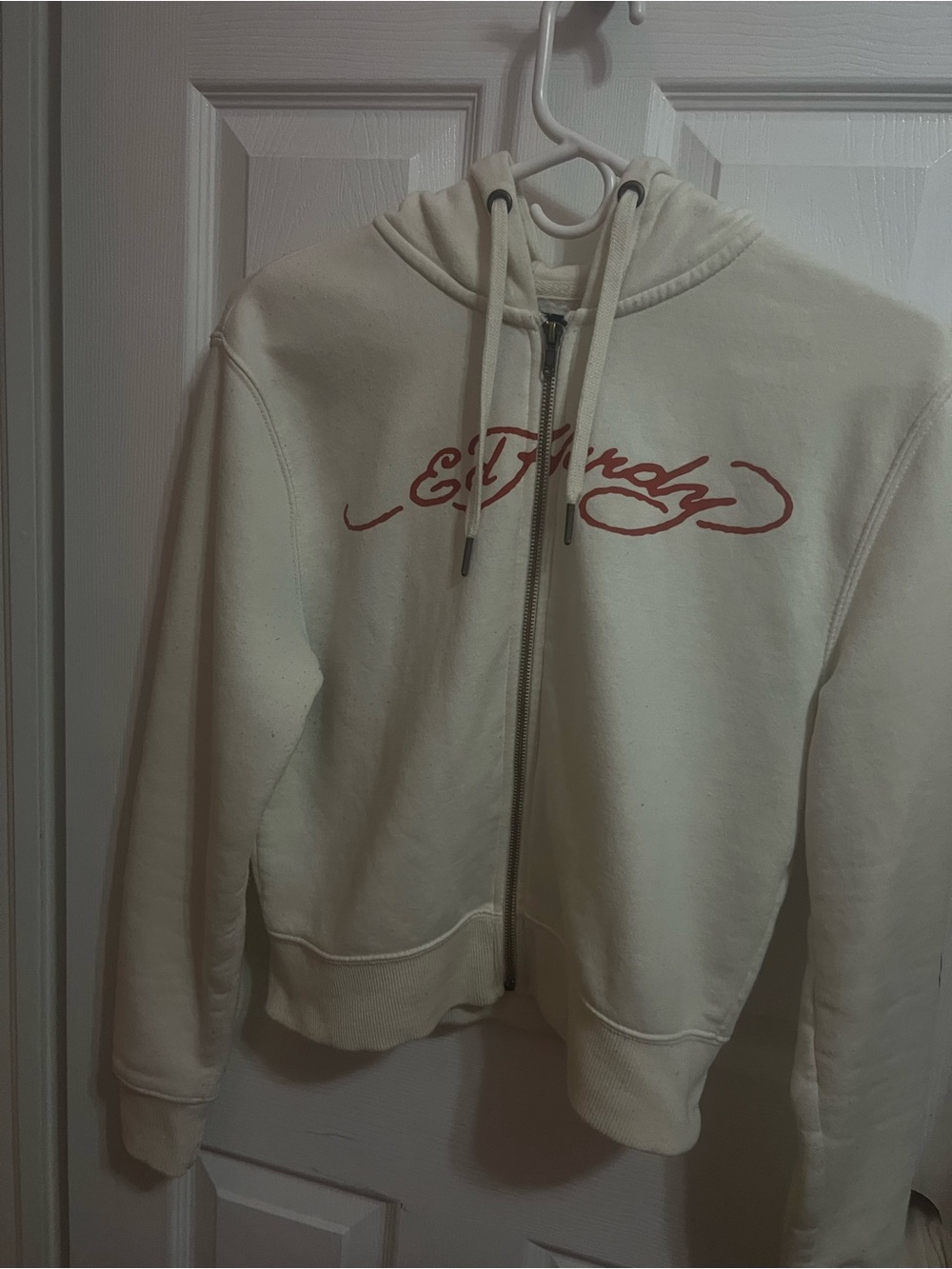 Ed Hardy Cream Zip-Up Hoodie with Red Script Logo